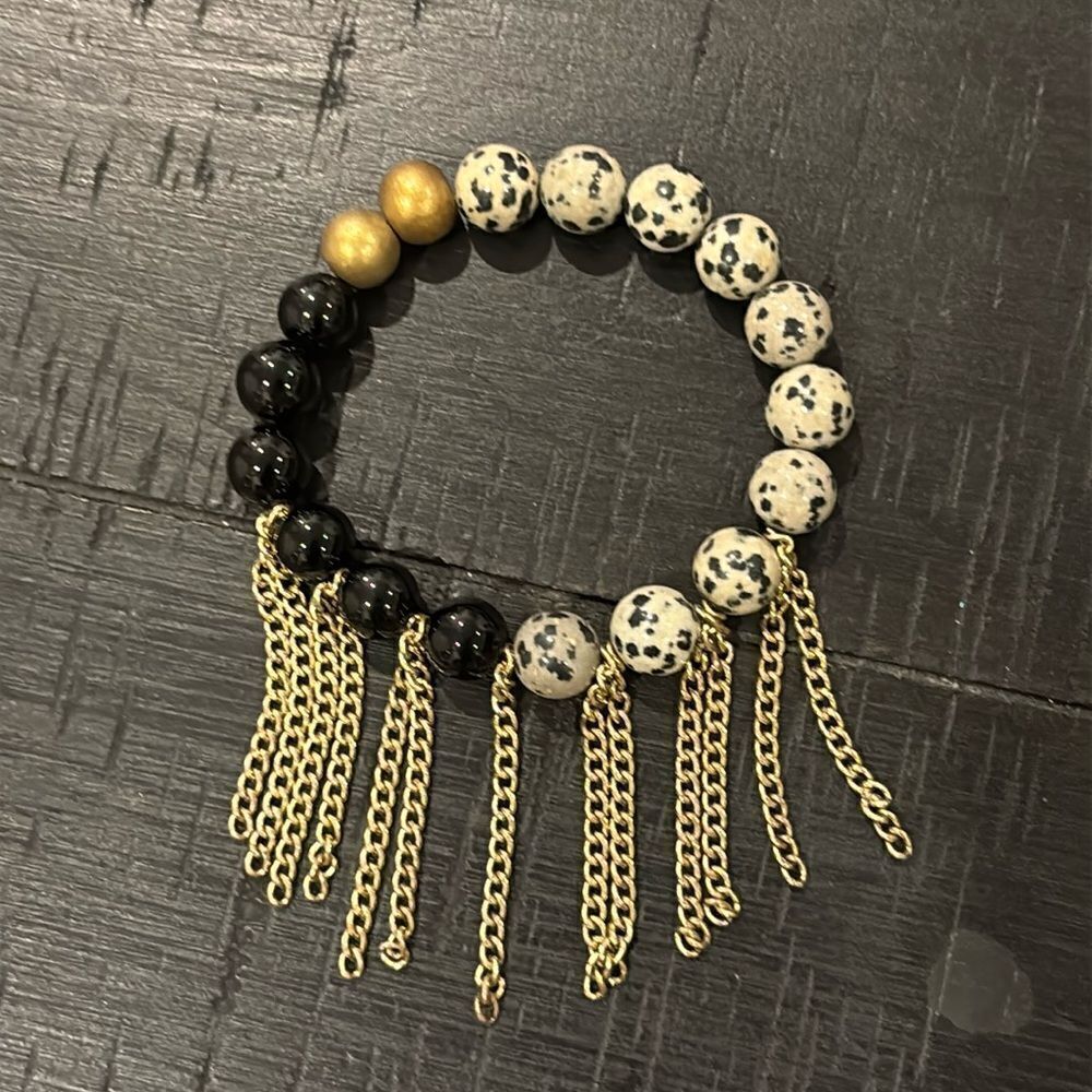 Dalmation Jasper Beaded Stretch Chain Rock Unique Edgy Bracelet​​